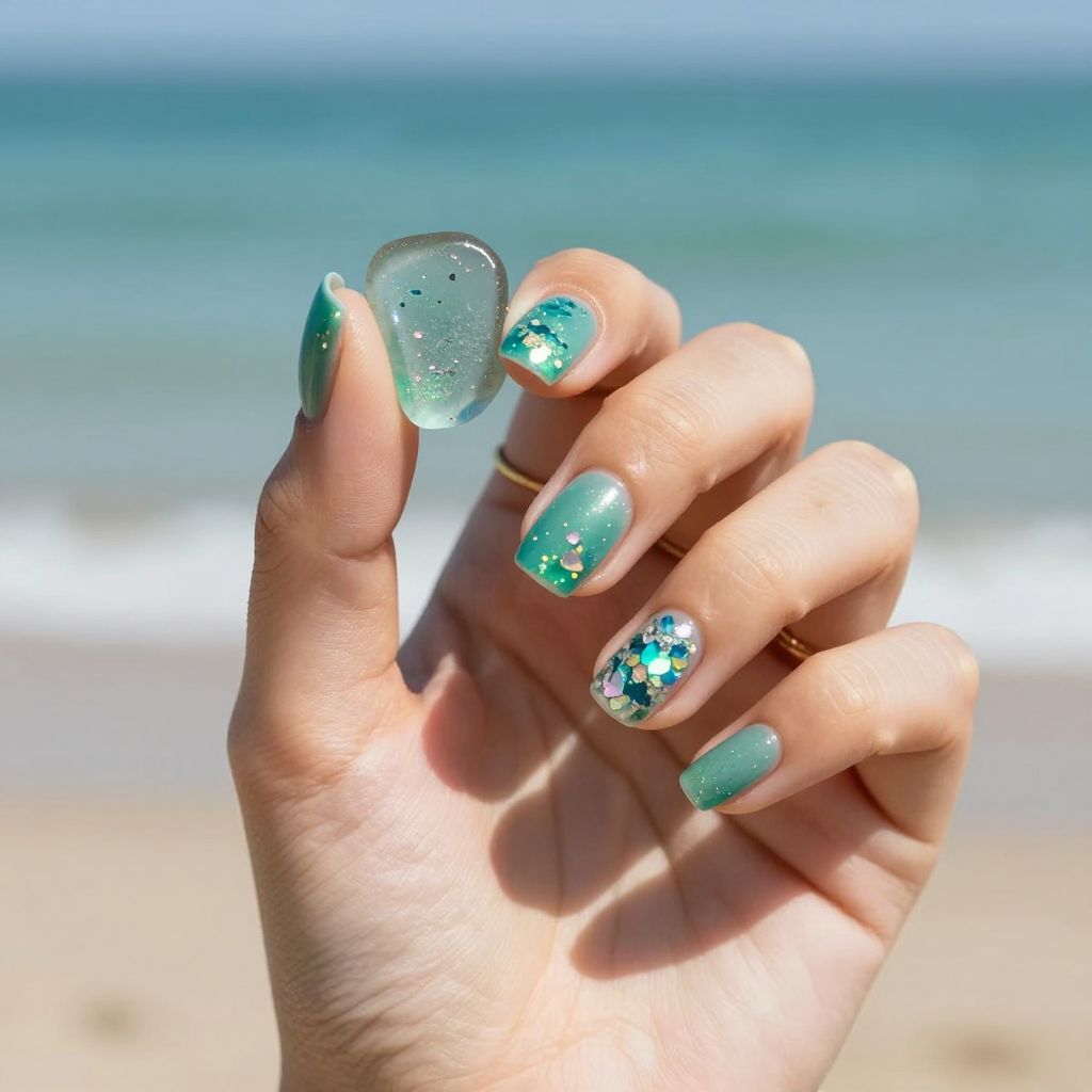 Island mosaic foil teal jelly nails