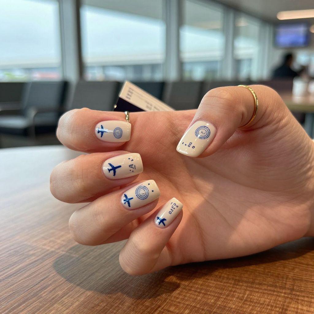 Passport stamp art nude travel nails