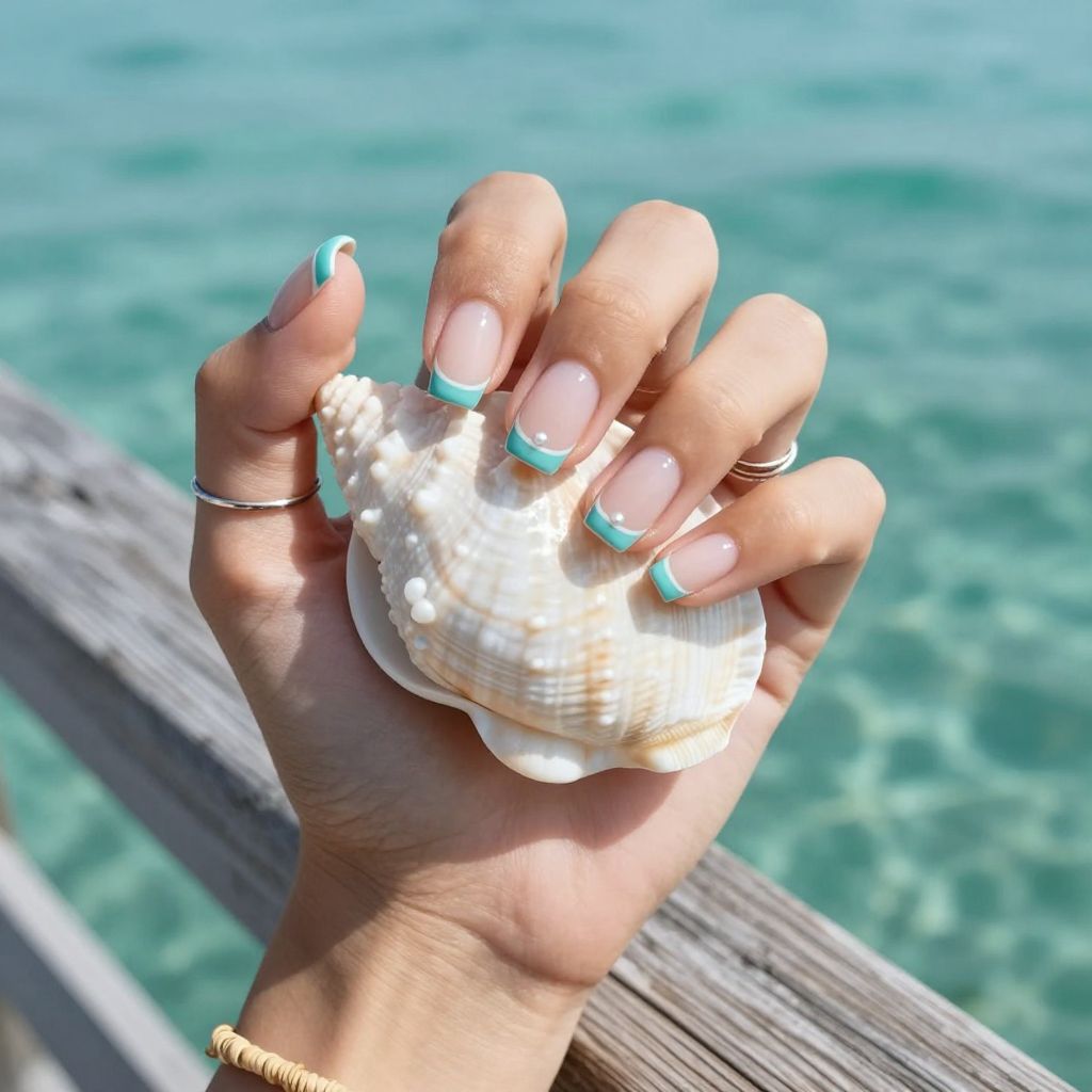 Seaside micro French aqua tip nails