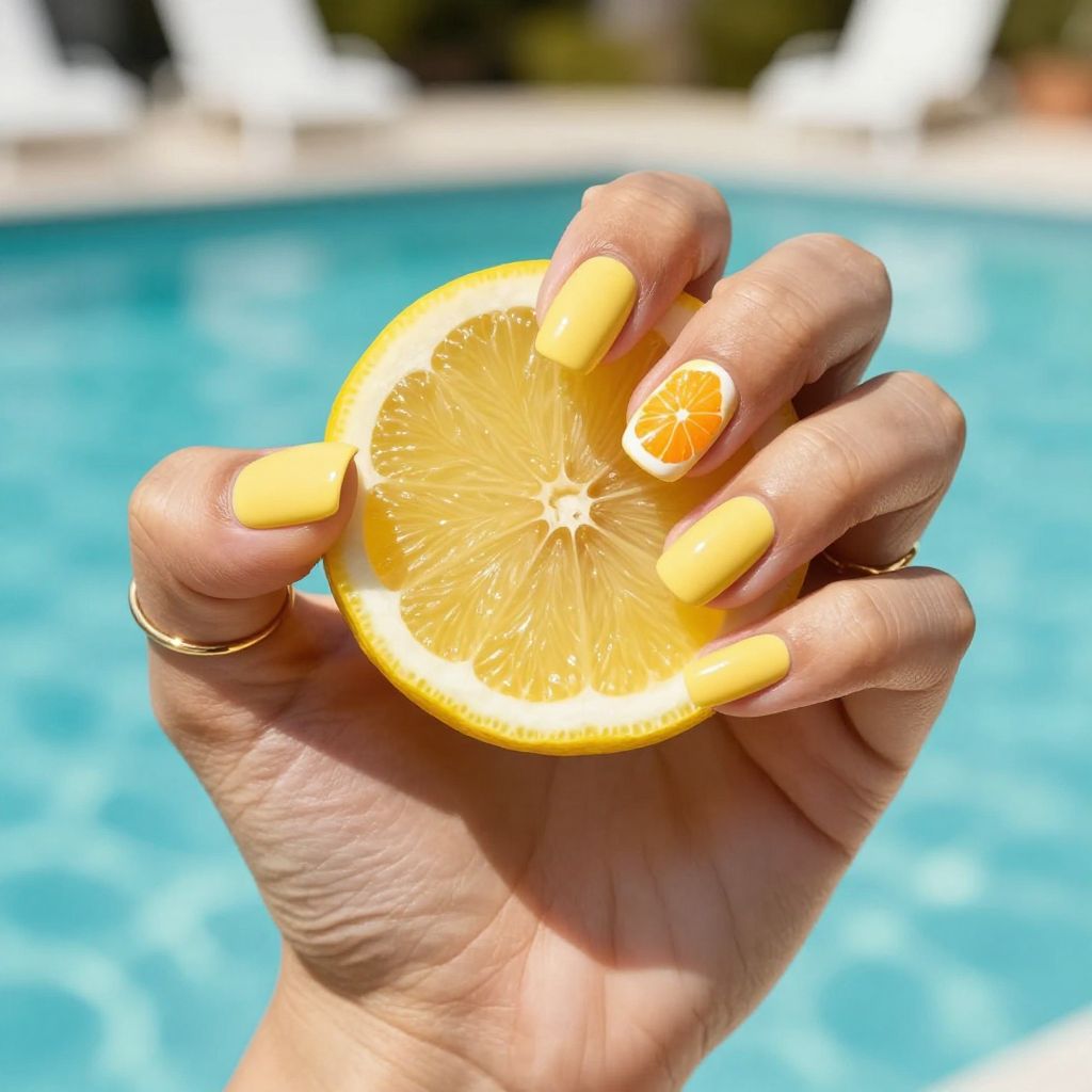 Citrus slice accent yellow vacation nails