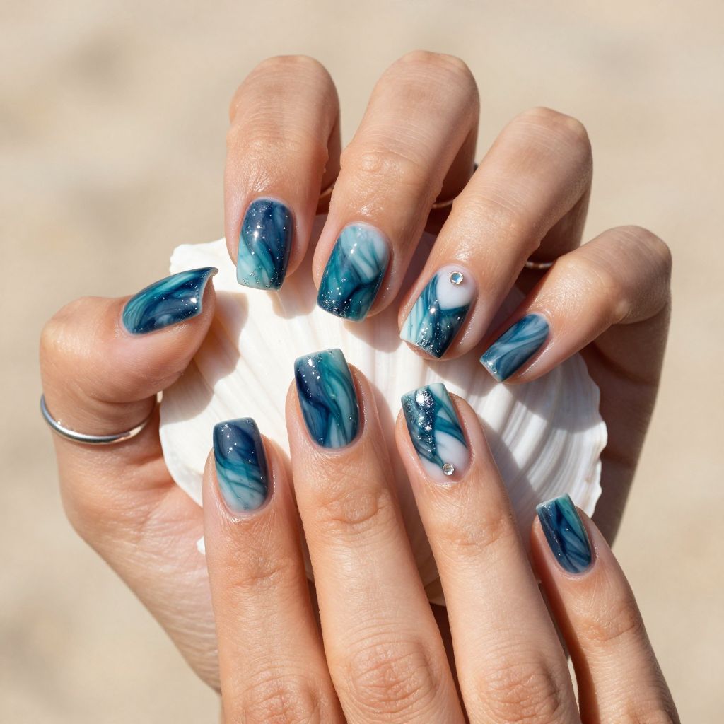 Coastal marble navy teal ocean nails