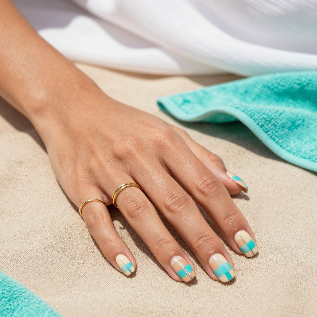 Beach blanket checkerboard neutral turquoise nails