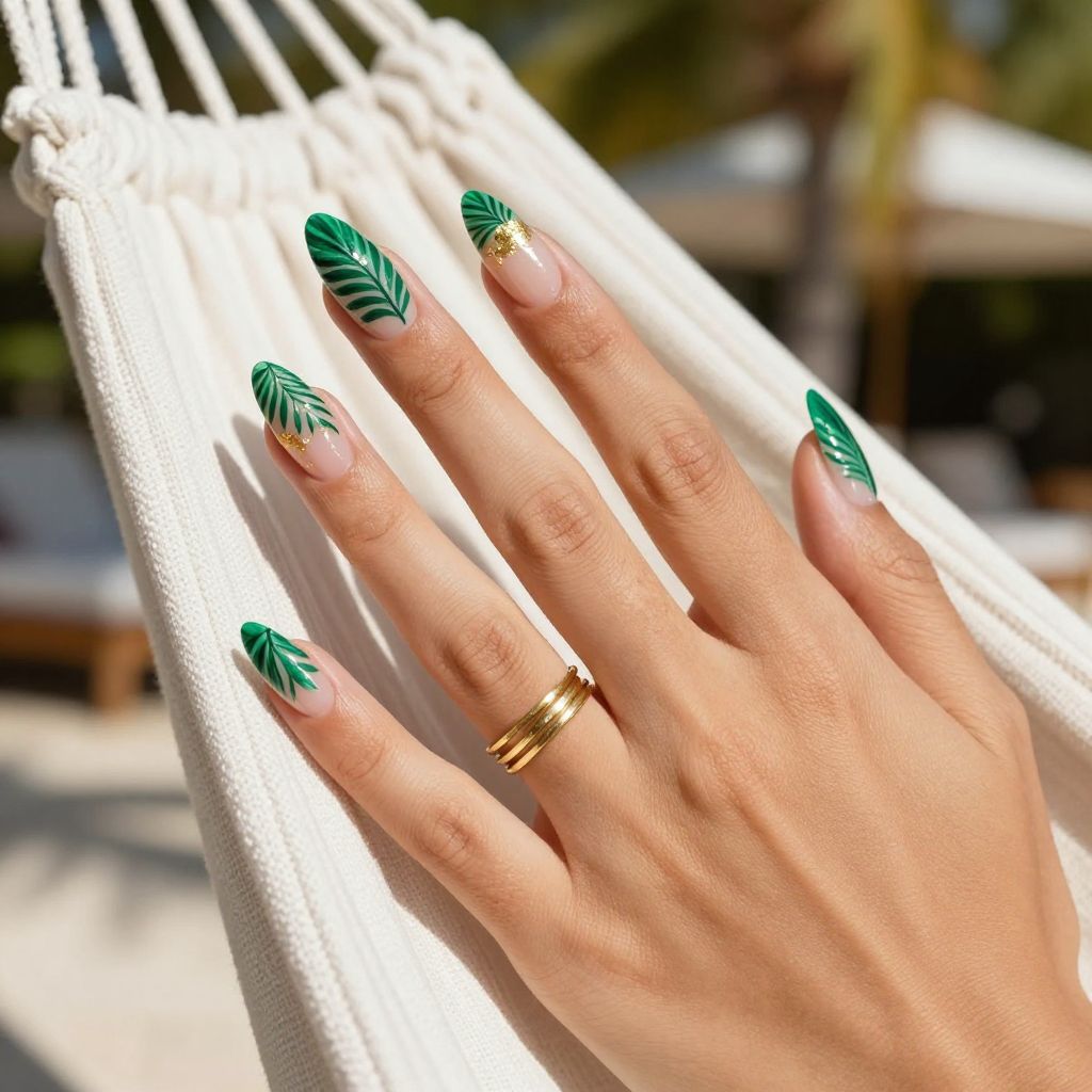 Palm leaf negative space vacation nails