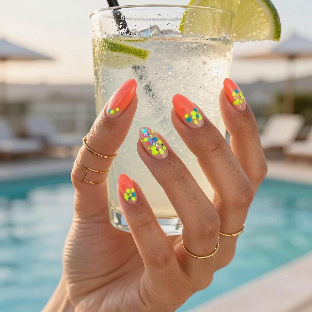 Coral confetti neon vacation nails