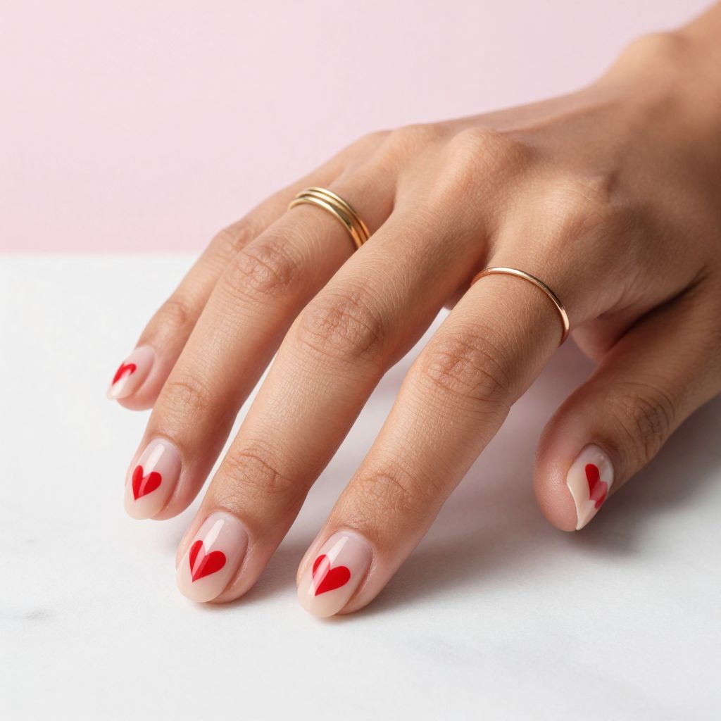 Nude Nails With Red Hearts