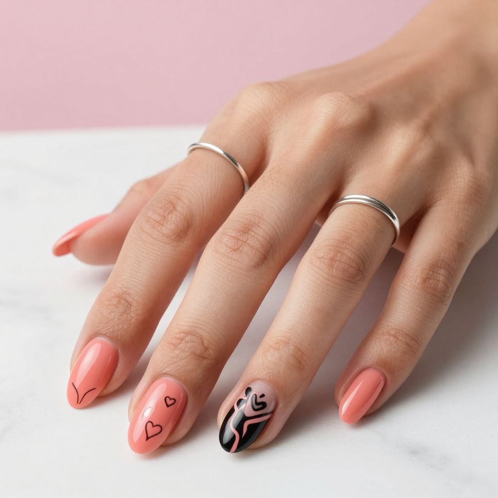 Coral Pink with Minimalist Line Art