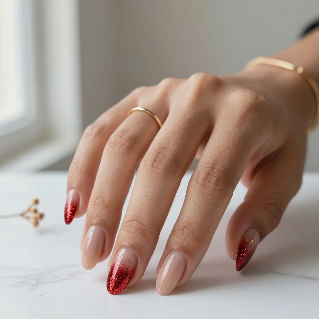 Nude with Red Glitter Ombre Tips