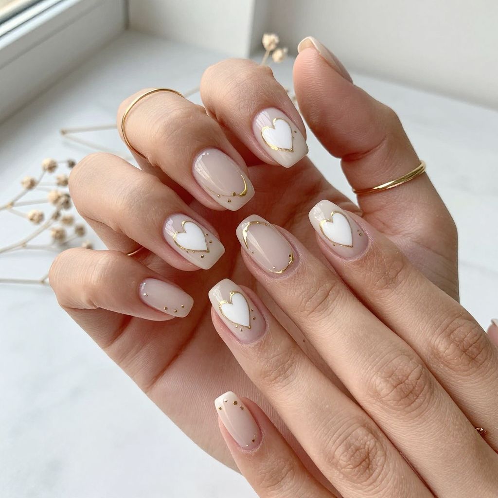 Heart Nail Art with Gold Accents
