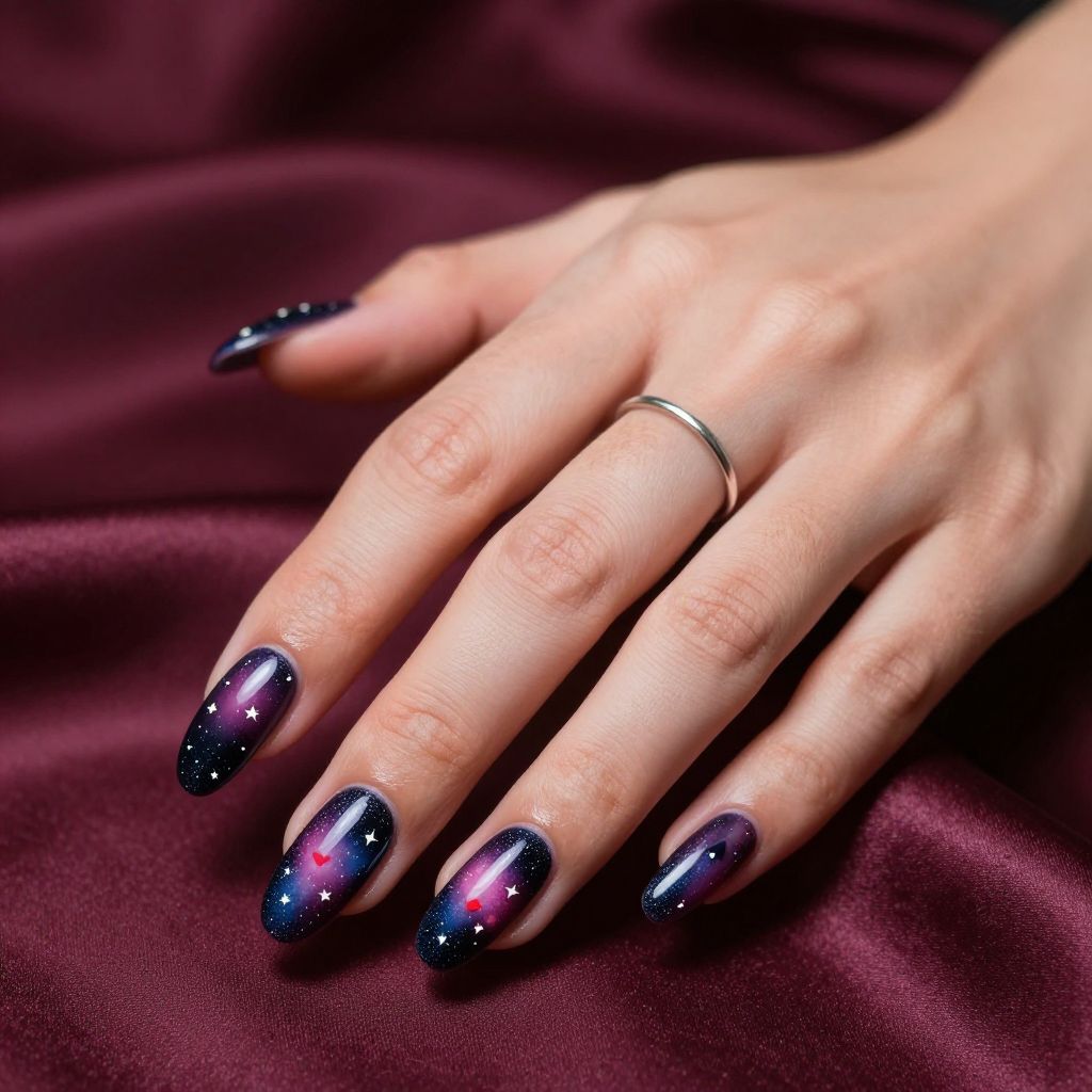 Galaxy Valentine nails with stars and hearts