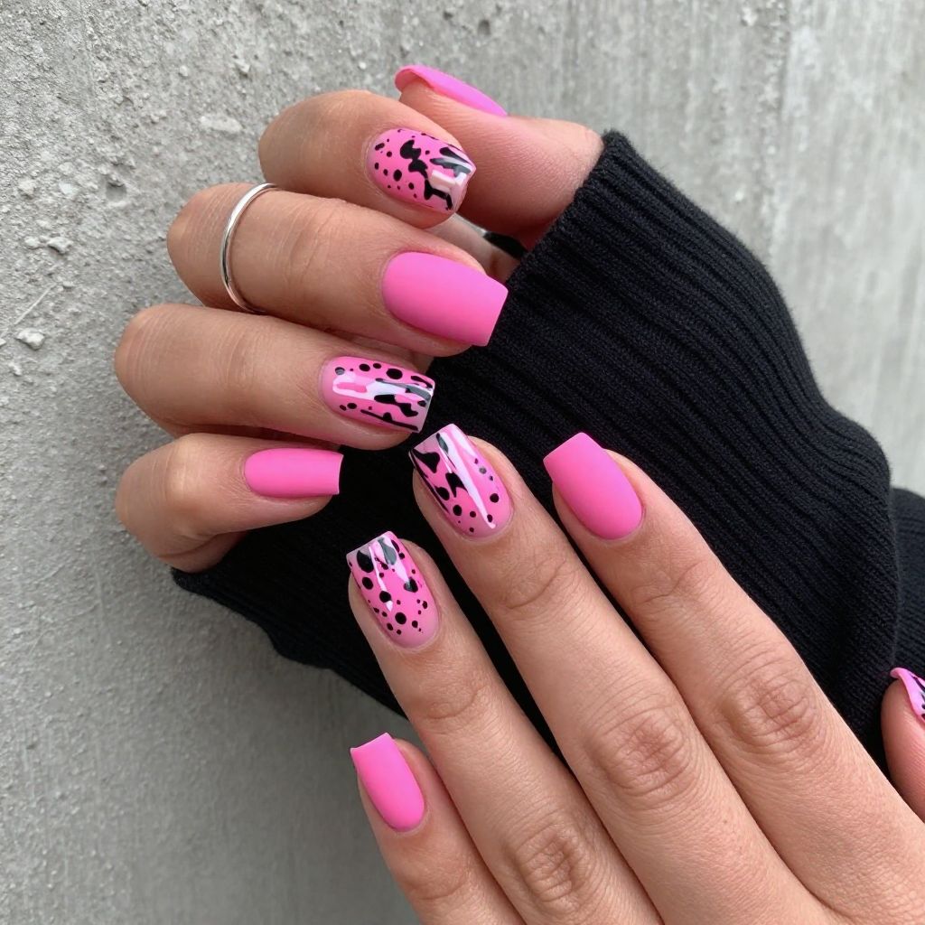 Neon pink graffiti Valentine nails