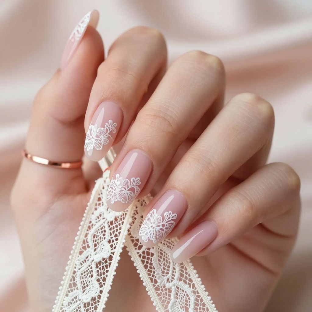 Romantic lace overlay Valentine nails
