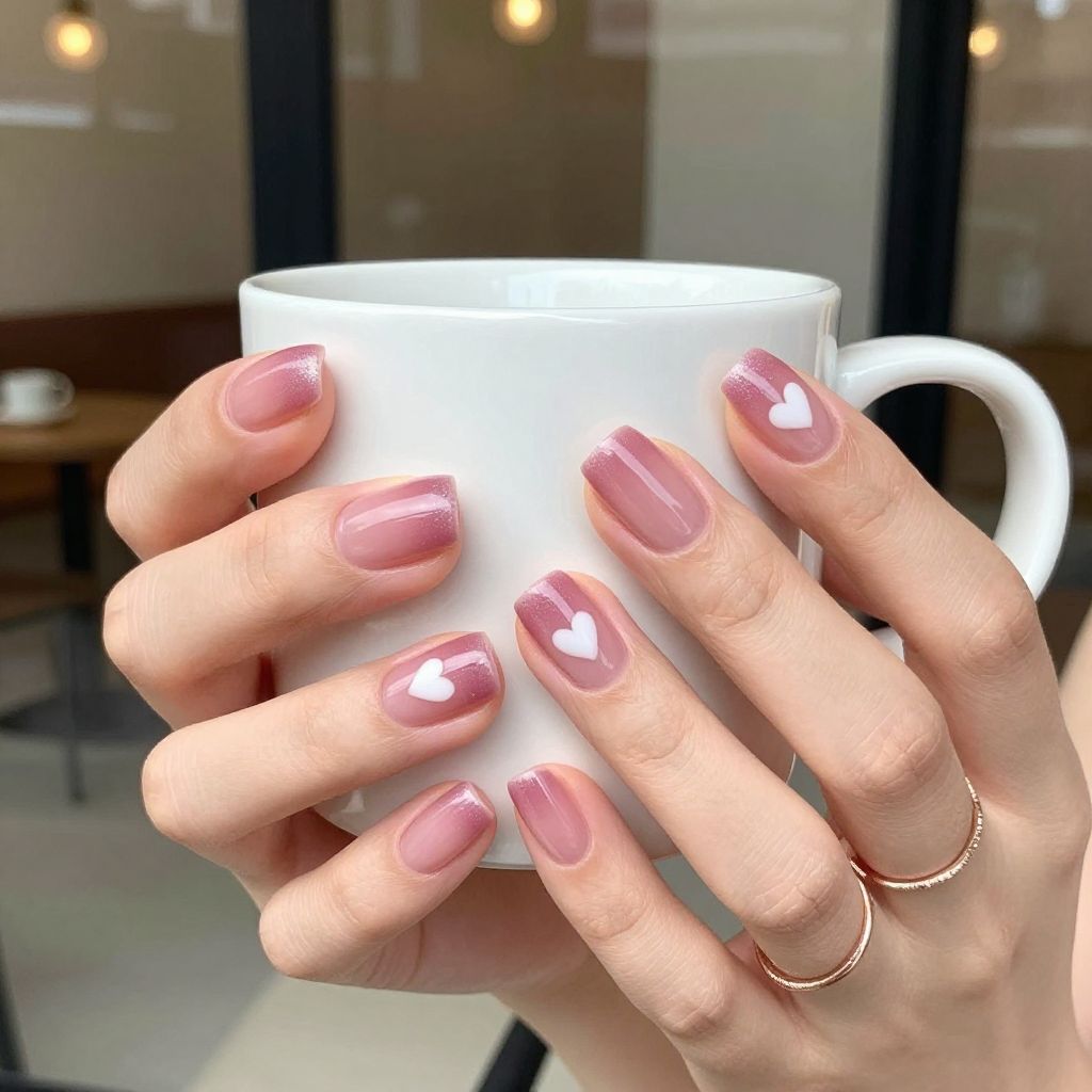 Blushing ombre hearts Valentine nail design