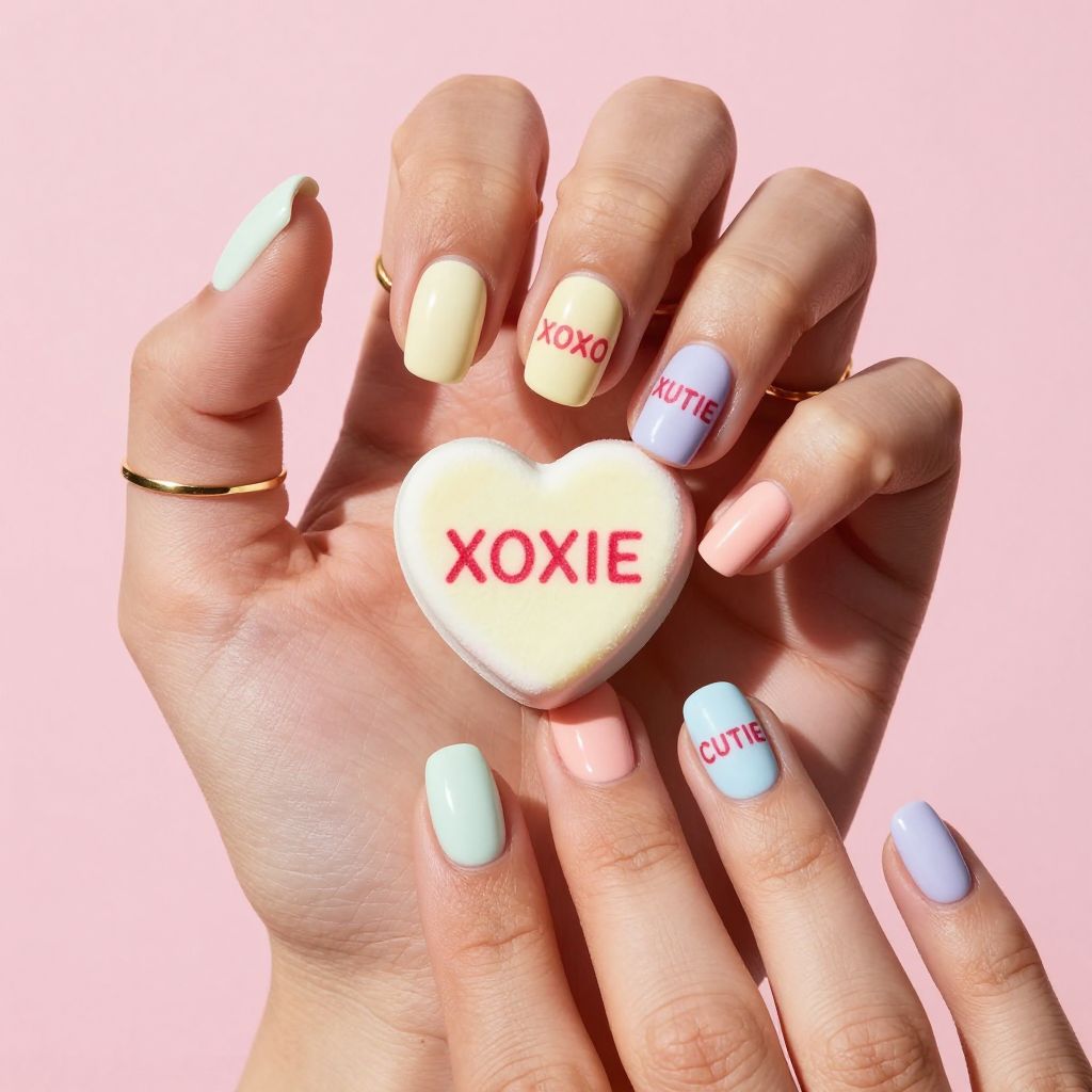 Candy conversation pastel Valentine nails with lettering
