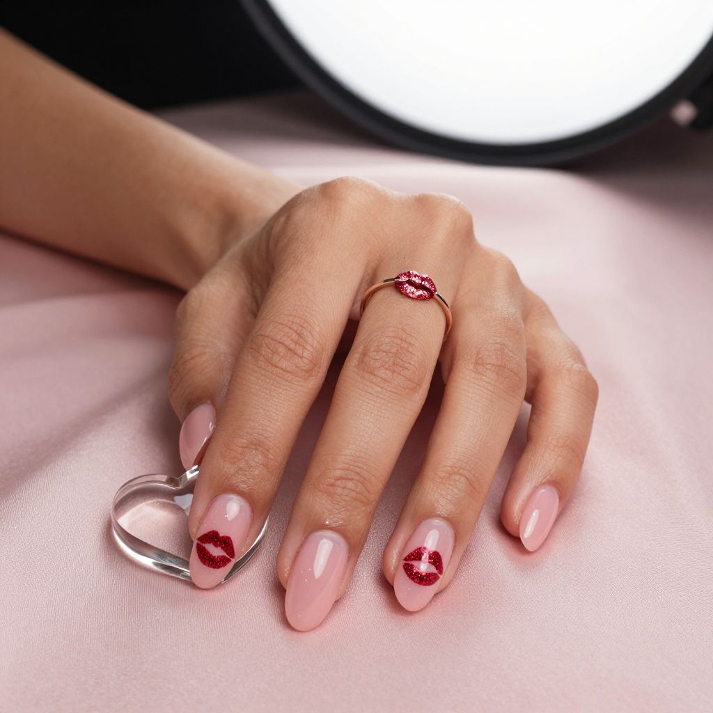 Blush nails with red glitter kiss accent