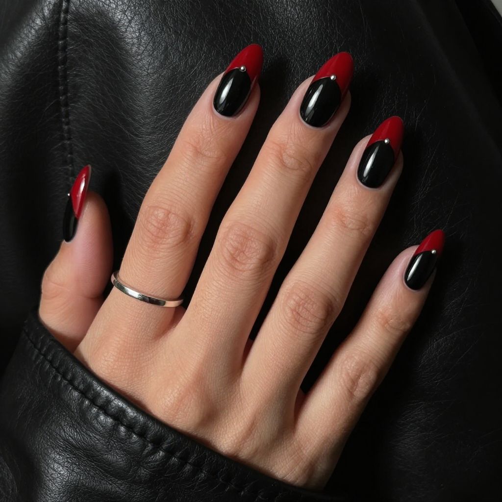 Black and red diagonal tip nails
