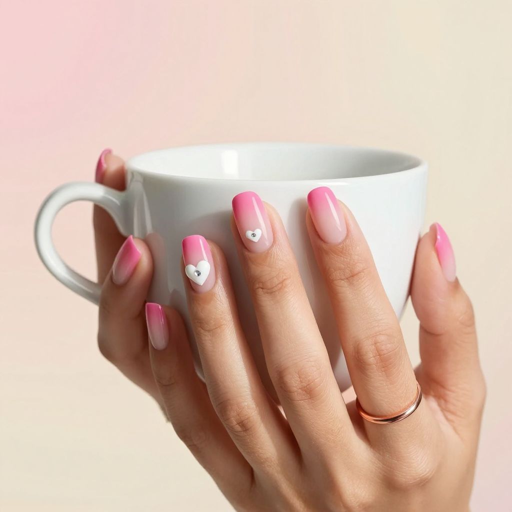Blush pink ombre heart nails