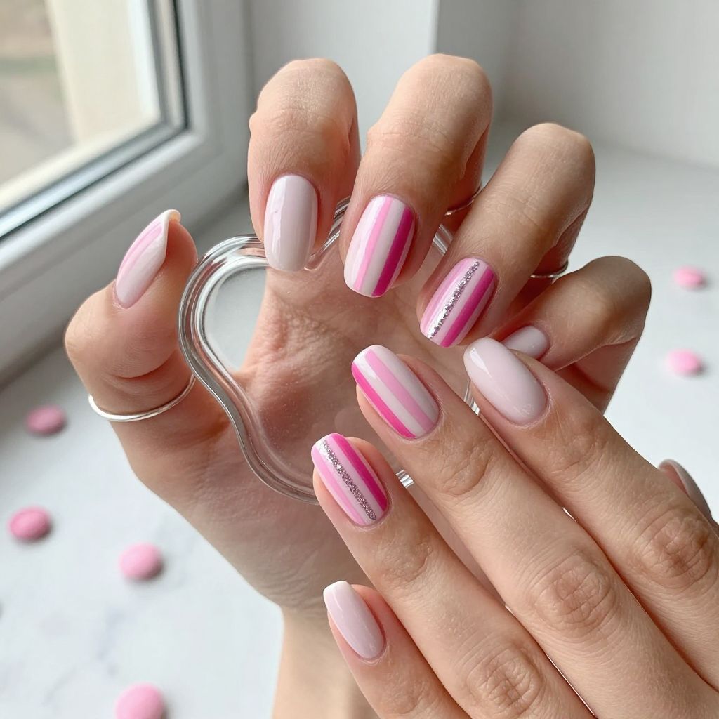 Pink candy stripe nails