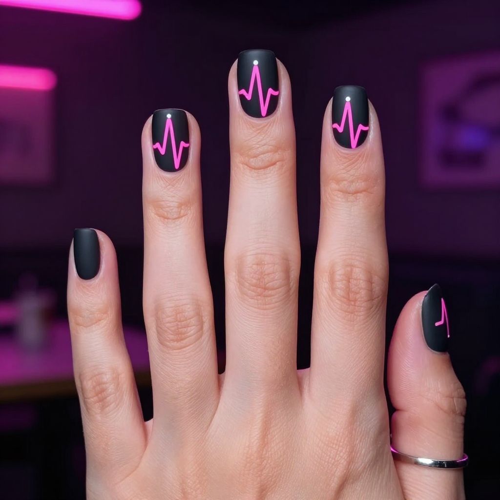 Matte black nails with neon pink heartbeat line