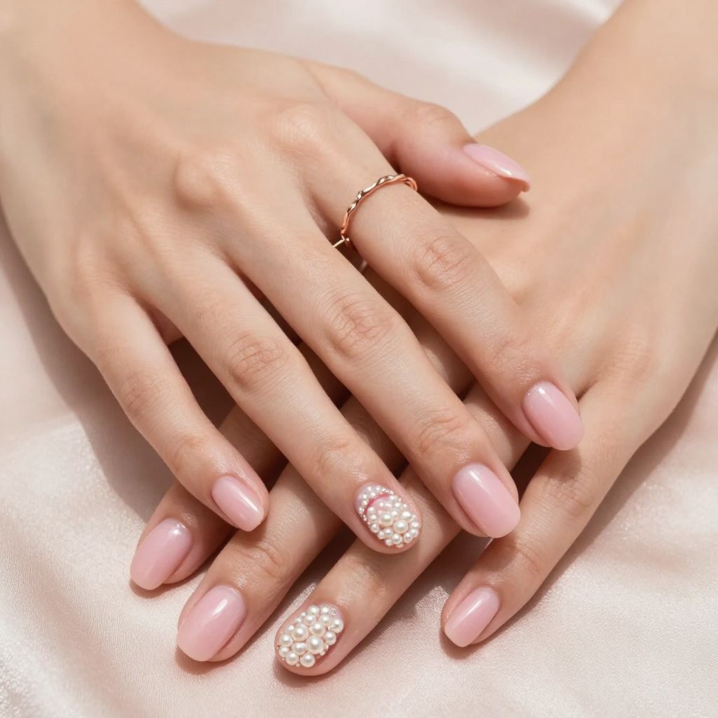 Shell pink nails with pearl lip accent