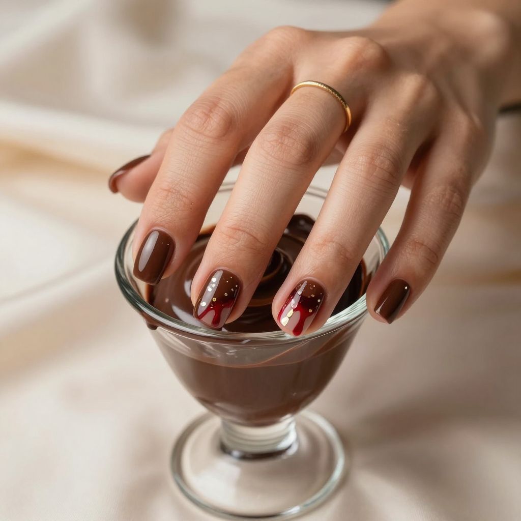Chocolate brown nails with cherry red drip
