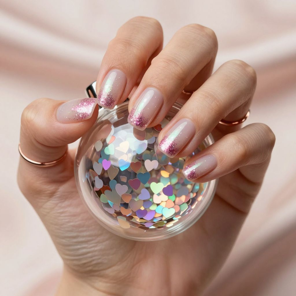 Clear coffin nails with holographic heart confetti