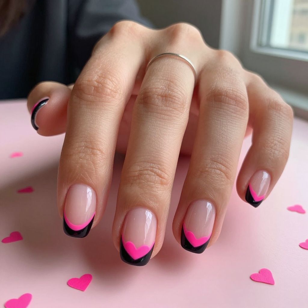 Cupid graphic neon pink heart French tips