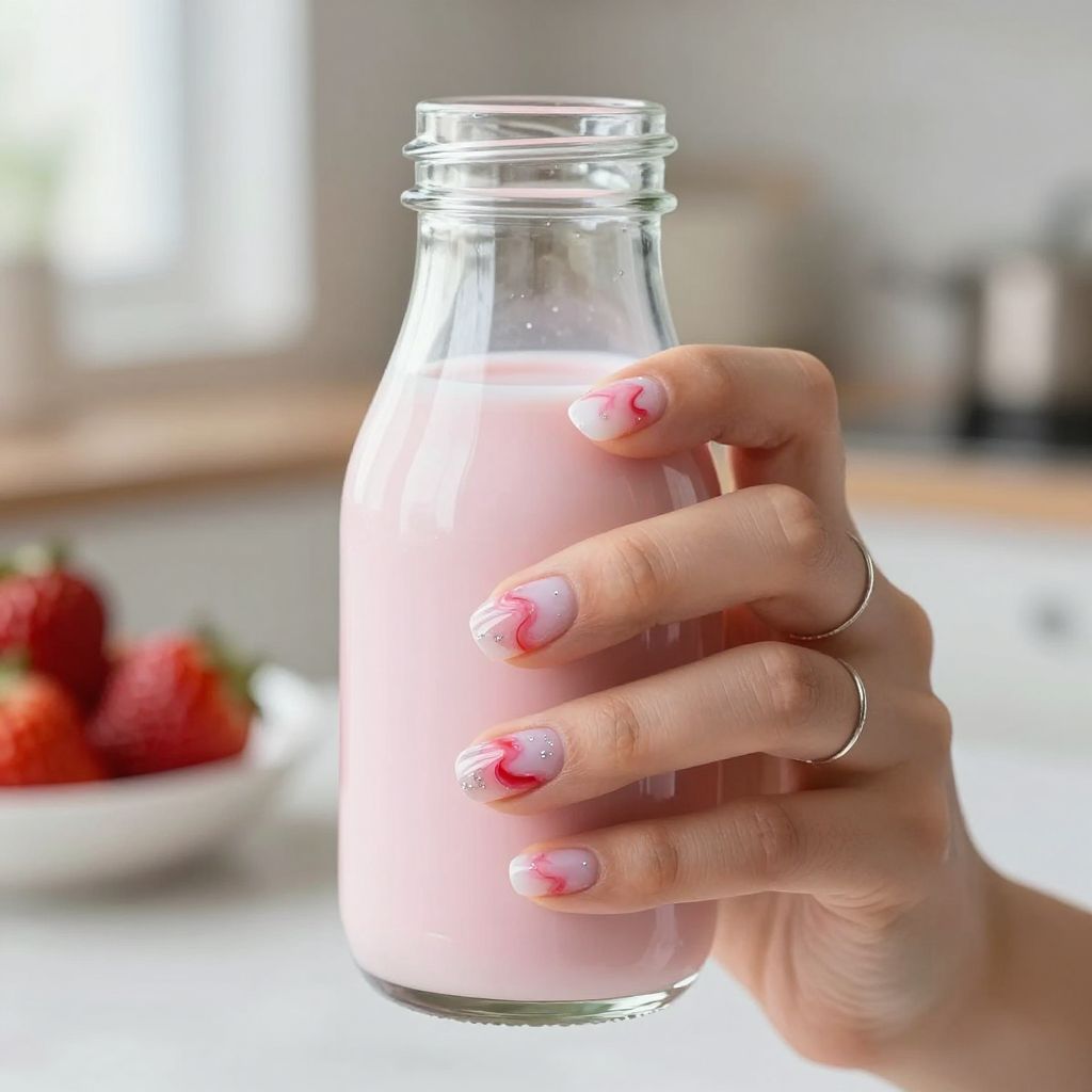 Strawberry milk swirl short round nails