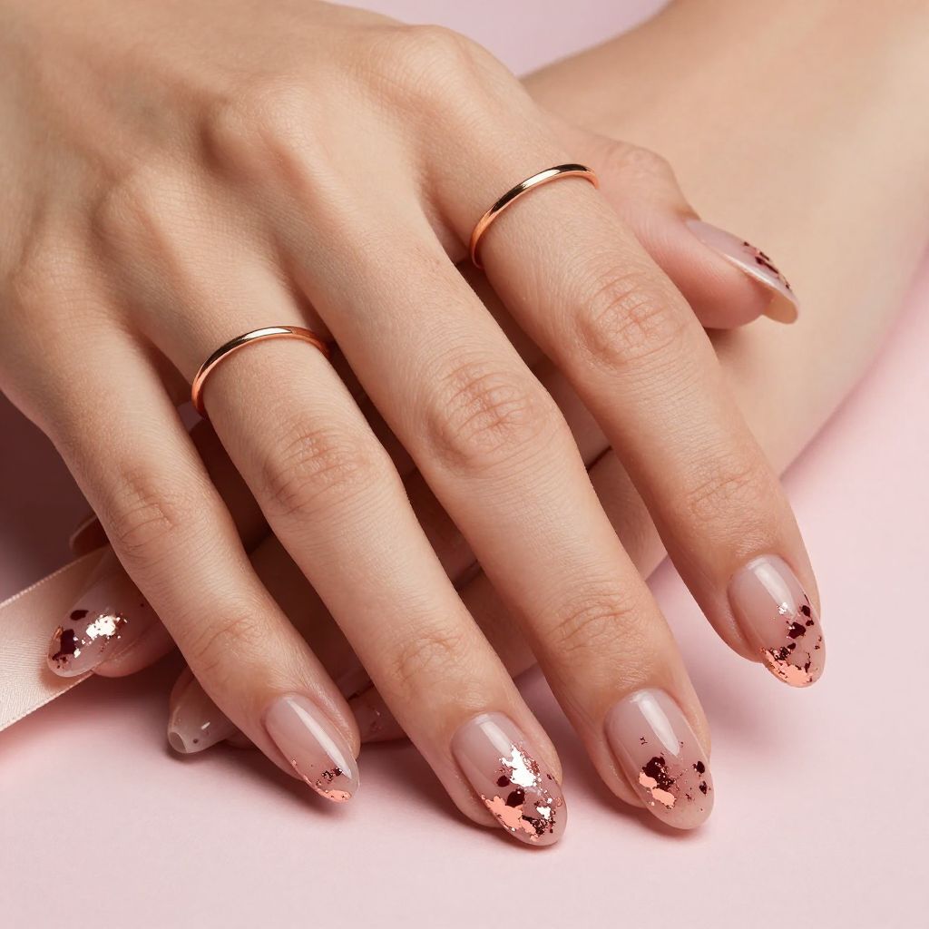 Berry nails with rose gold metallic foil