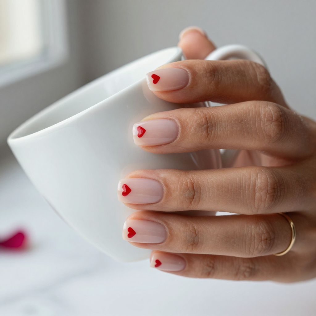 Minimal nude nails with tiny red heart dot