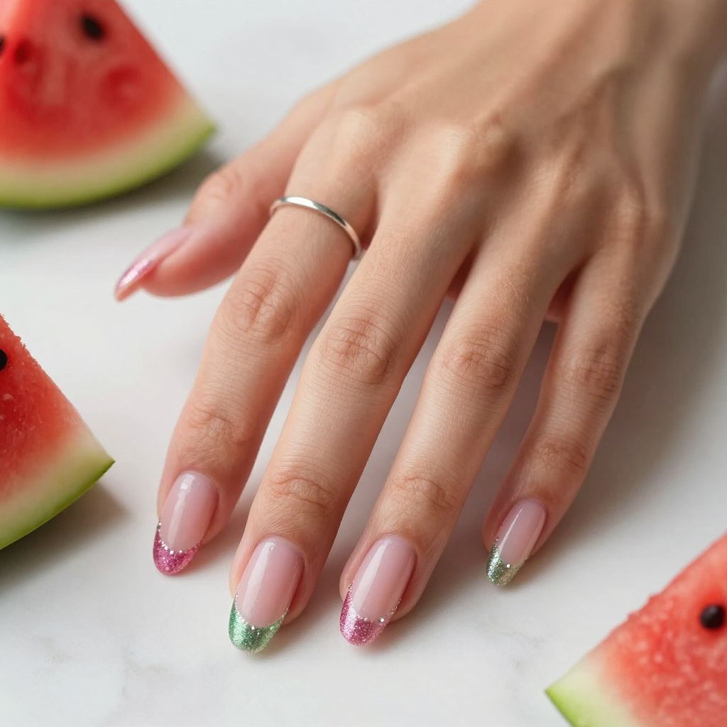 Watermelon French Ombre Nails with Glitter Fade