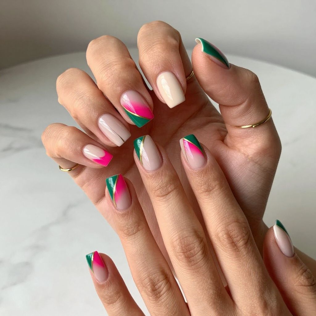 Watermelon Nail Art with Geometric Patterns