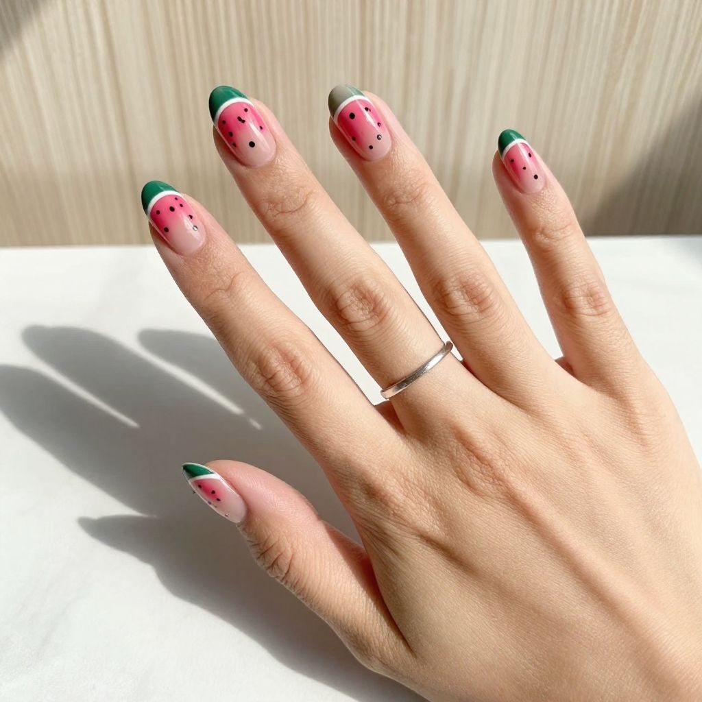 Watermelon Nail Art with Hand Painted Seeds