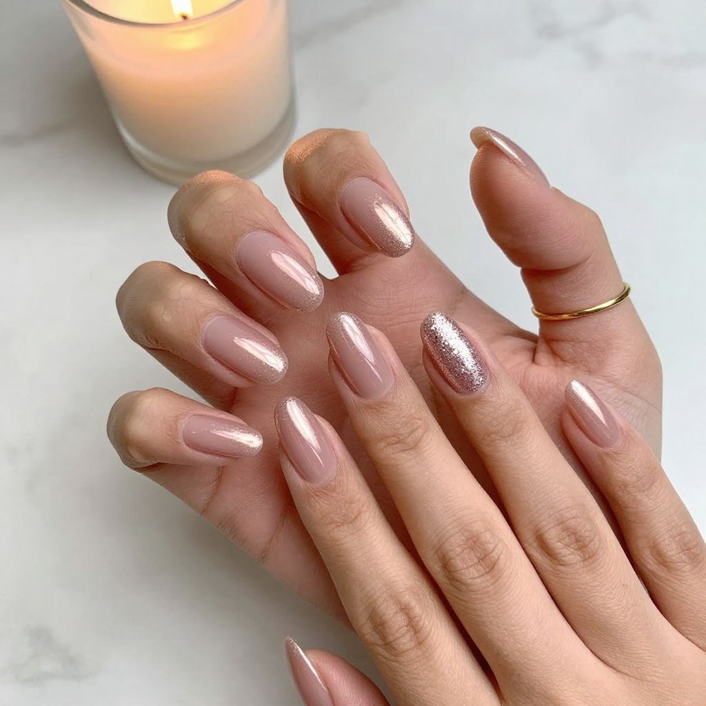Soft rose chrome nails