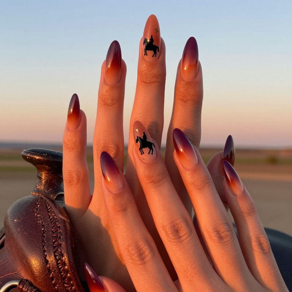 Sunset silhouette rider western nails