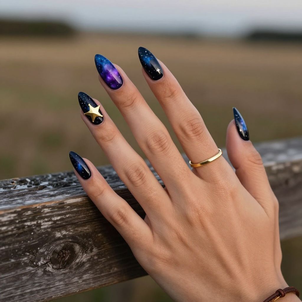 Starry night ranch western nail design