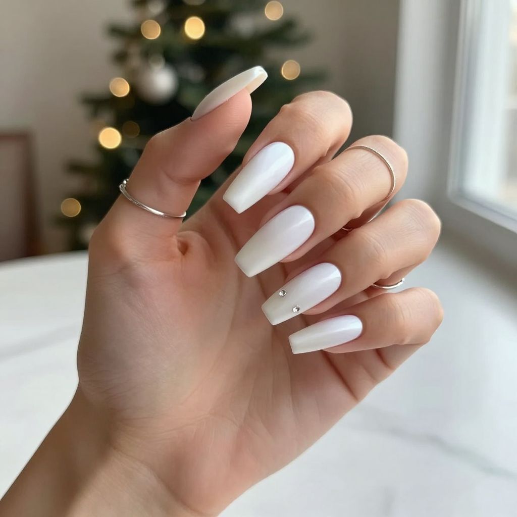 White Satin Coffin Nails with Minimal Rhinestones