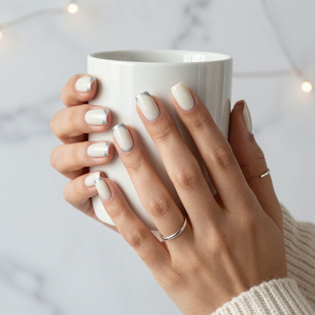 Milky White Coffin Nails with Silver Glitter Tips