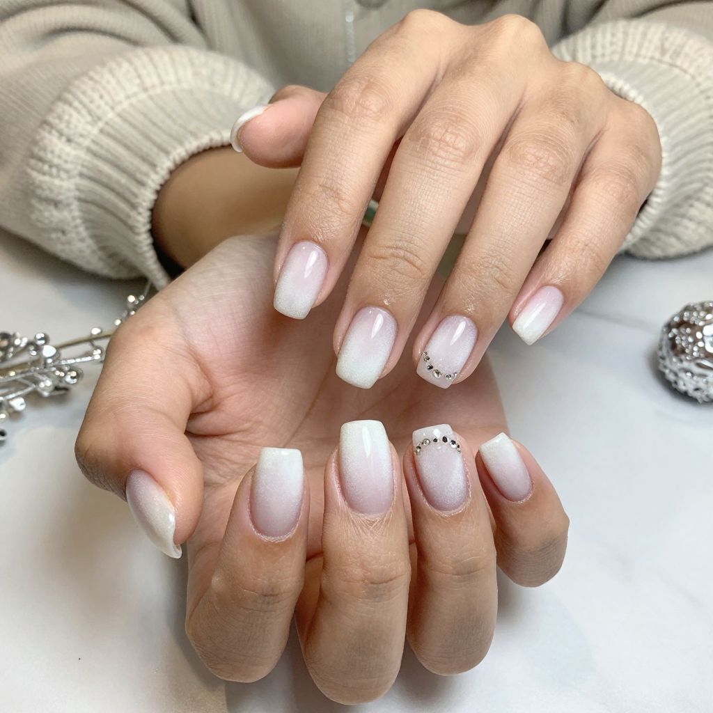 Frosted White Square Nails with Crystal Cuticles