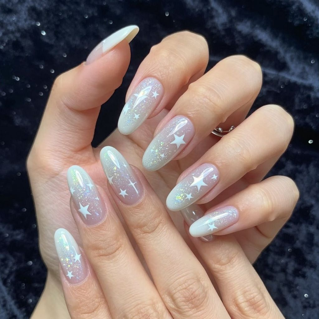 Celestial white chrome star nails