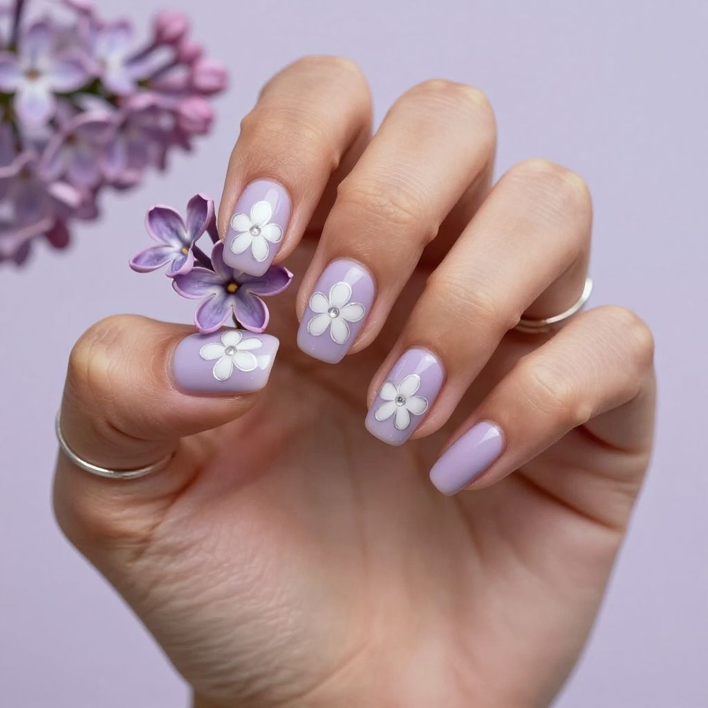 White chrome floral outline nails