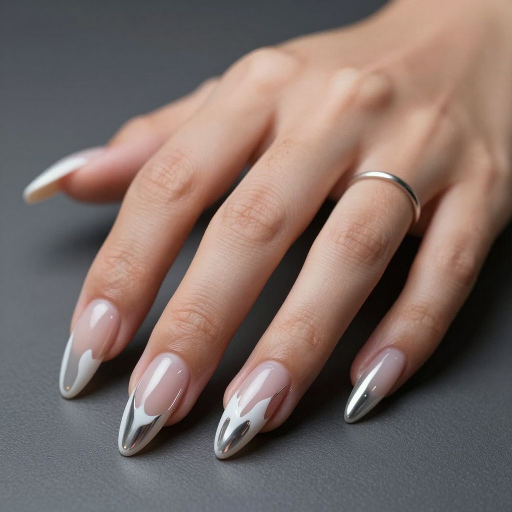 White chrome drip effect nails