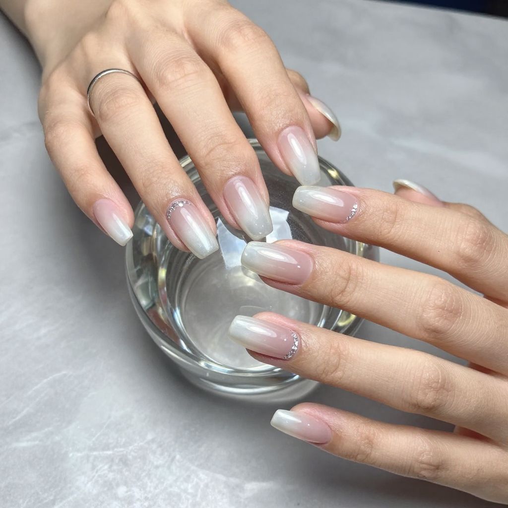 Soft white chrome ombre with glitter cuticle cuff