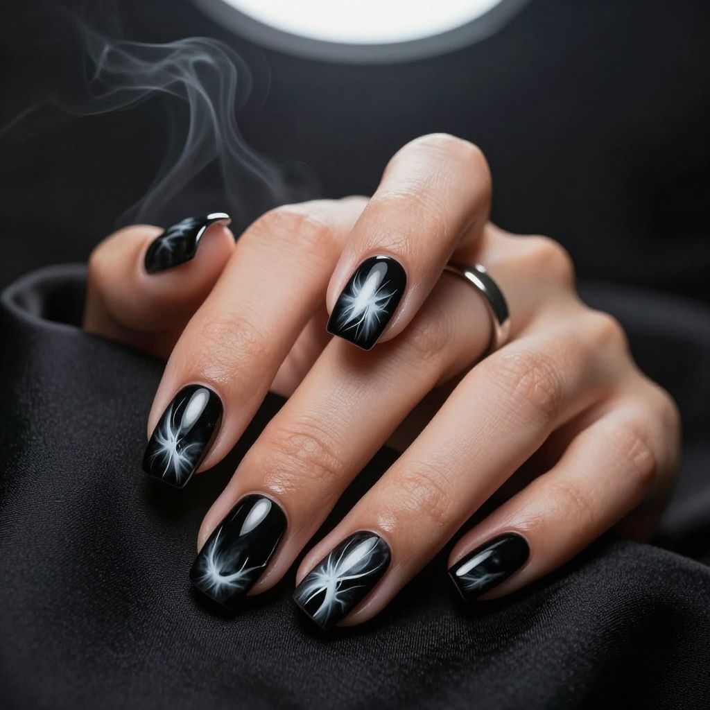 White chrome smoke over black base nails