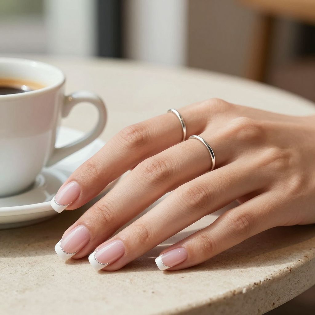 White chrome halo French tips with glitter