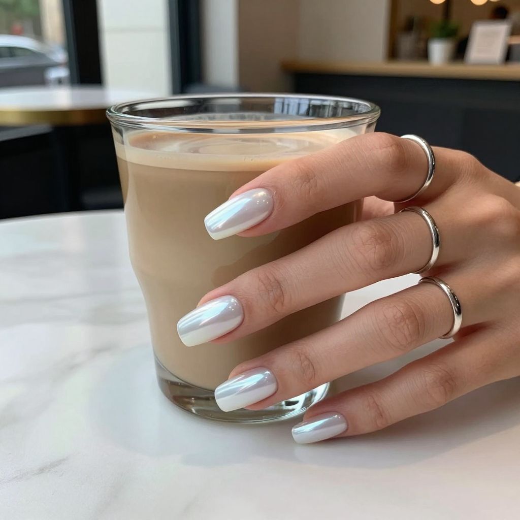 Icy white chrome coffin cat eye nails