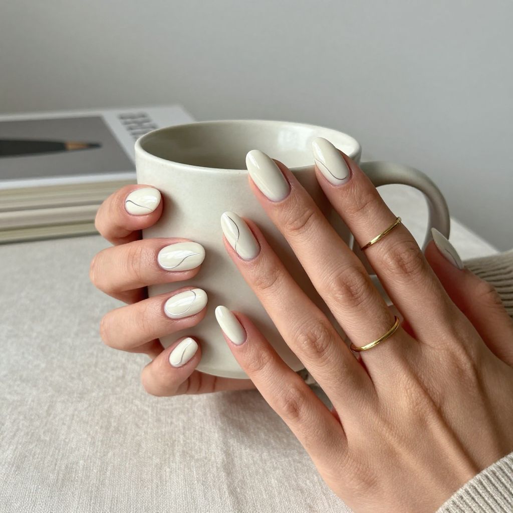 White chrome swirl on almond nails