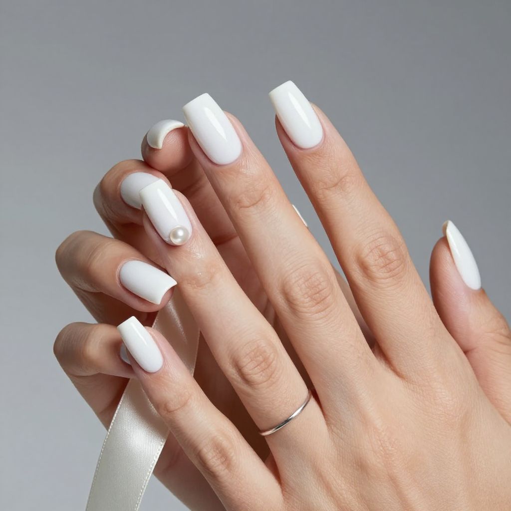 White chrome nails with pearl accent
