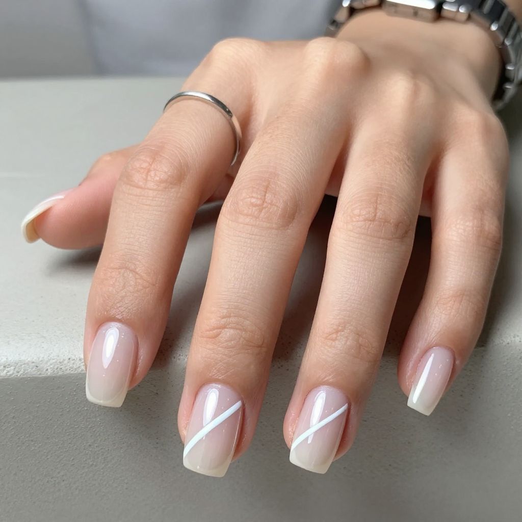 White chrome negative space stripe nails