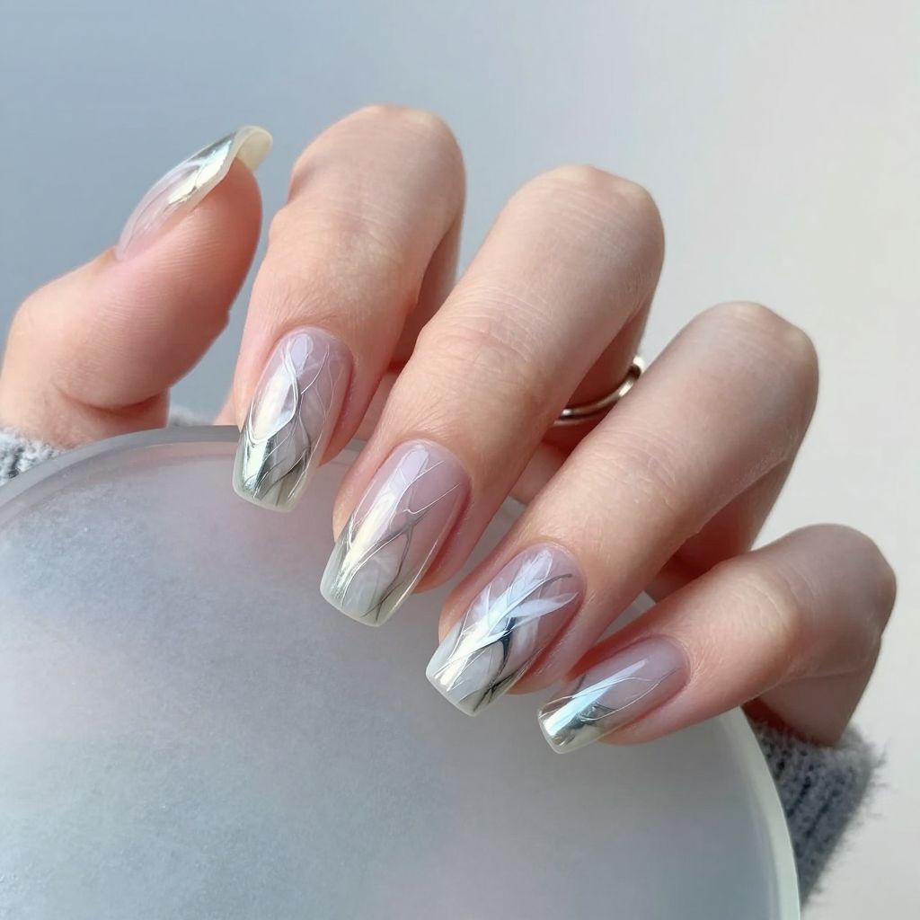 Frozen marble white chrome nails