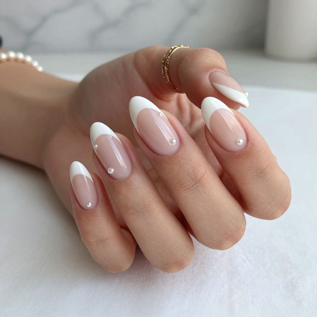White French Tips with Tiny Pearl Accents